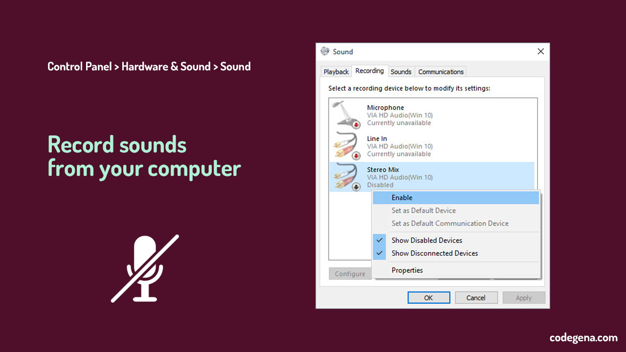 To record audio from computer without mic, right click and enable stereo mix from the sound dialog box.