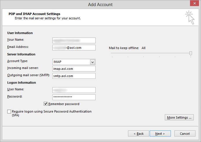 aol email account settings for outlook