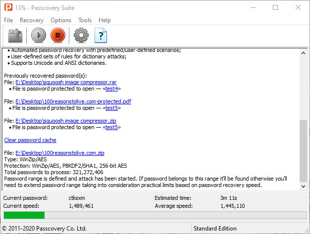 Passcovery Suite recovering a zip password at extremely high speeds on a home PC.